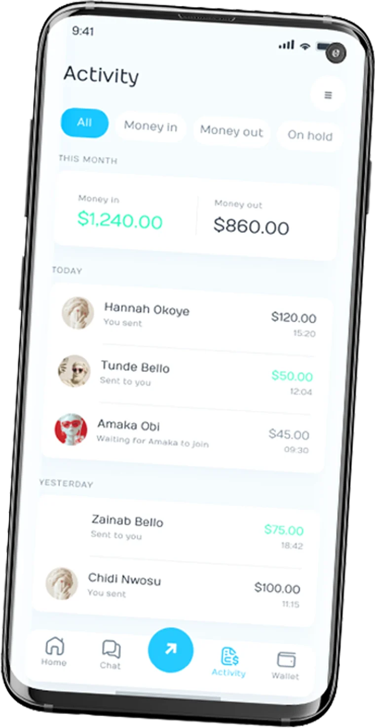 The Evabob Activity screen: money in and money out this month, and a list of payments with names and amounts.